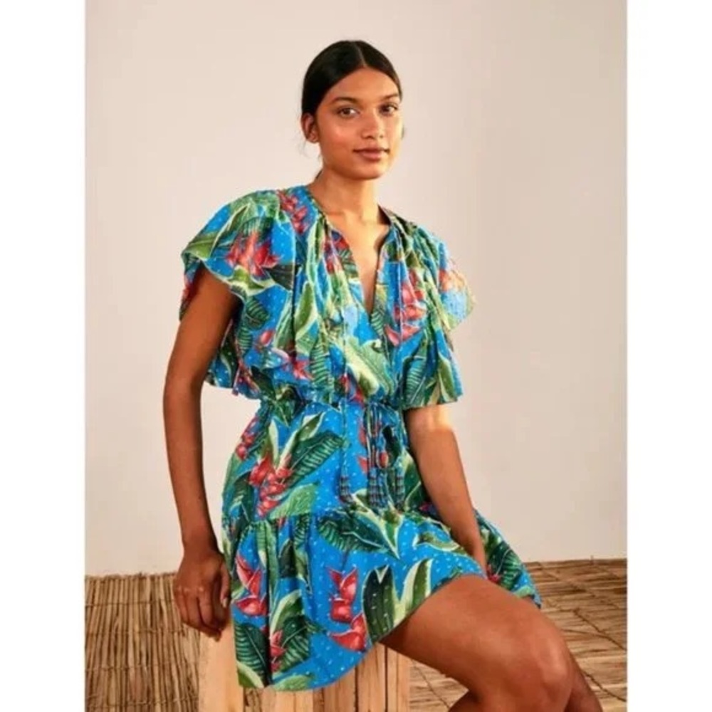 Farm Rio Dream Garden‎ Floral Mini Lined Dress Swiss Dot Beaded Tassle